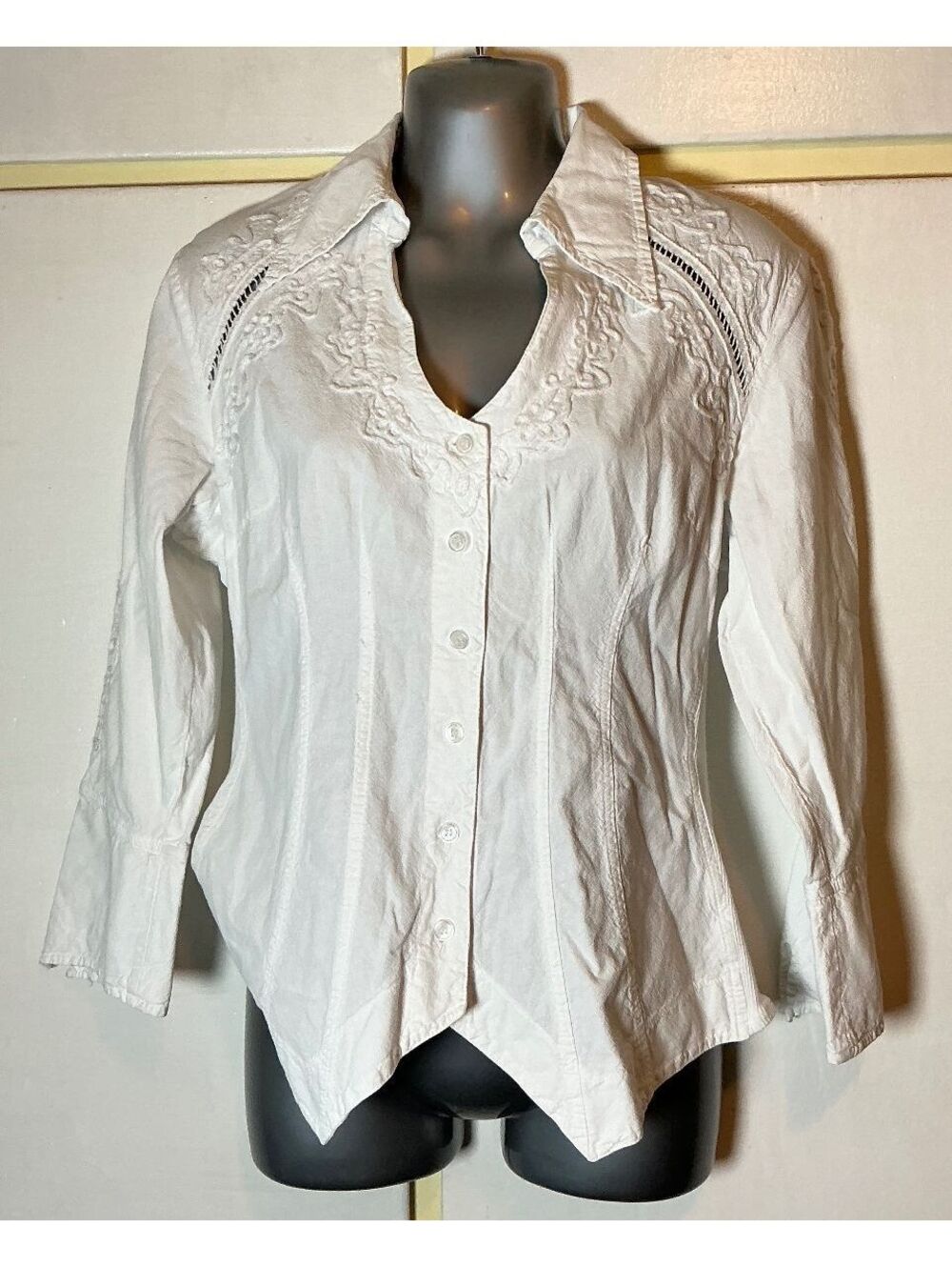 Gretty Zueger Women's M White Cotton Woven Collared Button-Up Blouse Western
